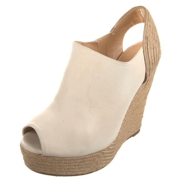 Authentic GUCCI Off White Leather Raffia Jute Wedge Heel Slingback Sandals Sz 39 - Picture 2 of 13